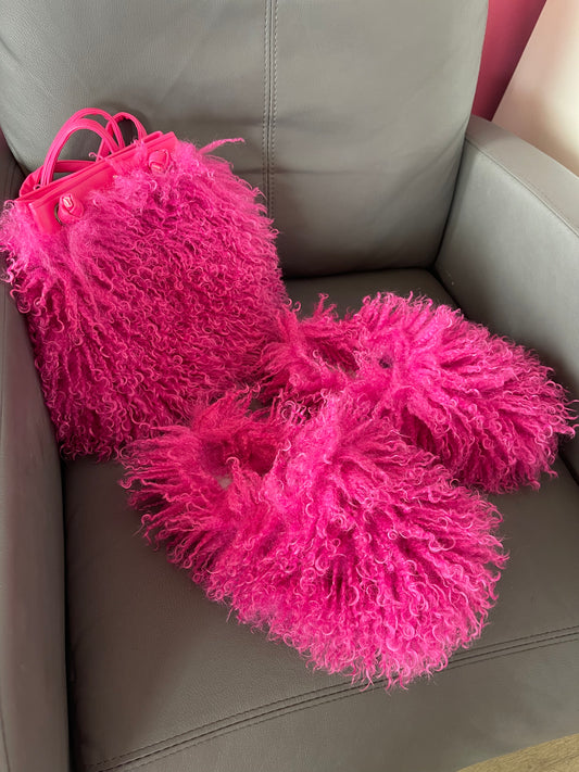Hot Pink Fuzzy Slides Purse Set