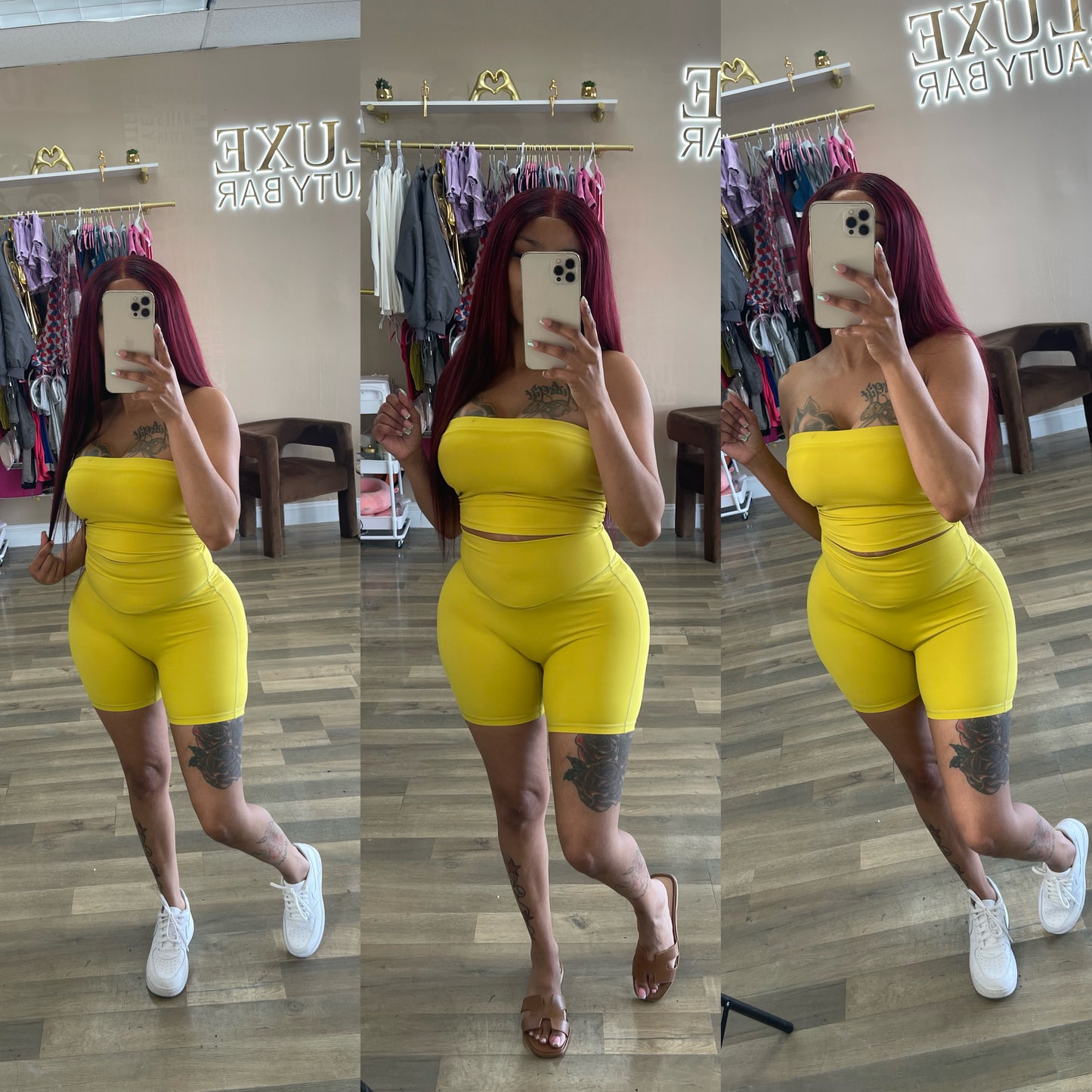 Yellow Tube top biker set